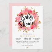金ゴールドピンクブロッサムリースベビーシャワー招待状 招待状 (正面/裏面)