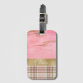 金ゴールドピンクプレイド抽象芸術水色名 ラゲッジタグ (正面縦)