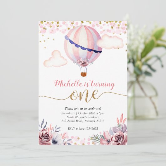 金ゴールドピンクホットエアバルーンガールファースト誕生日 招待状 (スタンド正面)