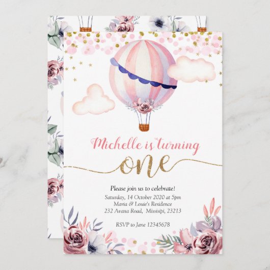 金ゴールドピンクホットエアバルーンガールファースト誕生日 招待状 (正面/裏面)