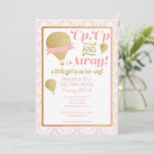 金ゴールドピンクホットエアバルーンベビーシャワー招待状 招待状 (スタンド正面)