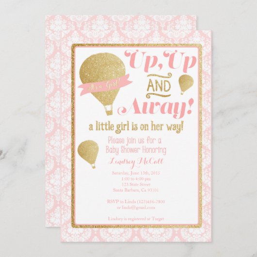 金ゴールドピンクホットエアバルーンベビーシャワー招待状 招待状 (正面/裏面)