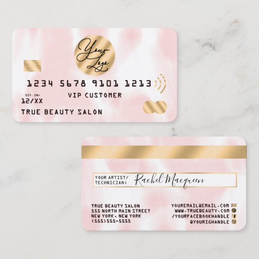 金ゴールドピンクホワイトウォーター色クレジットカードのロゴ 名刺 (正面/裏面)