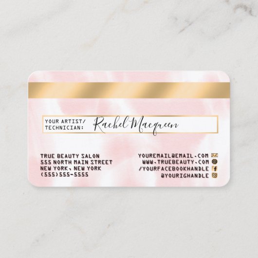 金ゴールドピンクホワイトウォーター色クレジットカードのロゴ 名刺 (裏面)