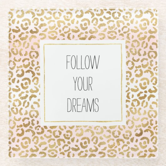 金ゴールドピンクホワイトヒョウ印刷 ガラスコースター (正面)