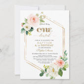 金ゴールドピンクホワイトフラワーファースト誕生日&バプテスマ 招待状 (正面)