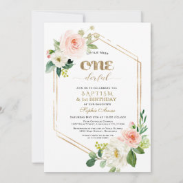 金ゴールドピンクホワイトフラワーファースト誕生日&バプテスマ 招待状