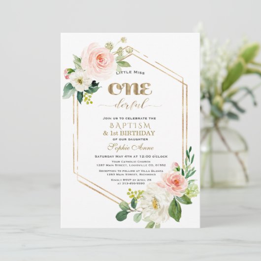 金ゴールドピンクホワイトフラワーファースト誕生日&バプテスマ 招待状 (スタンド正面)