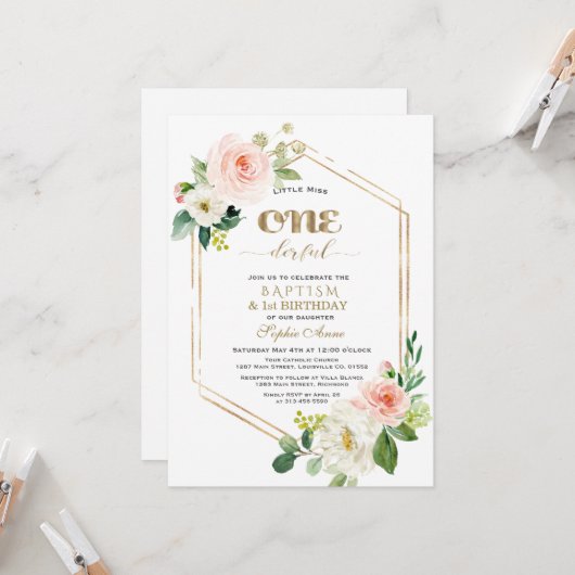 金ゴールドピンクホワイトフラワーファースト誕生日&バプテスマ 招待状 (正面/裏面インサイチュ)