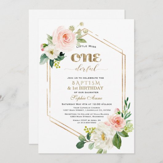 金ゴールドピンクホワイトフラワーファースト誕生日&バプテスマ 招待状 (正面/裏面)