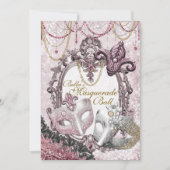 金ゴールドピンクマスカレードバースデーパーティ招待状 招待状 (正面)