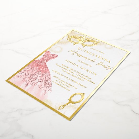 金ゴールドピンクマスカレードパーティードレスキンセアニェラ 箔招待状 (回転した状態)