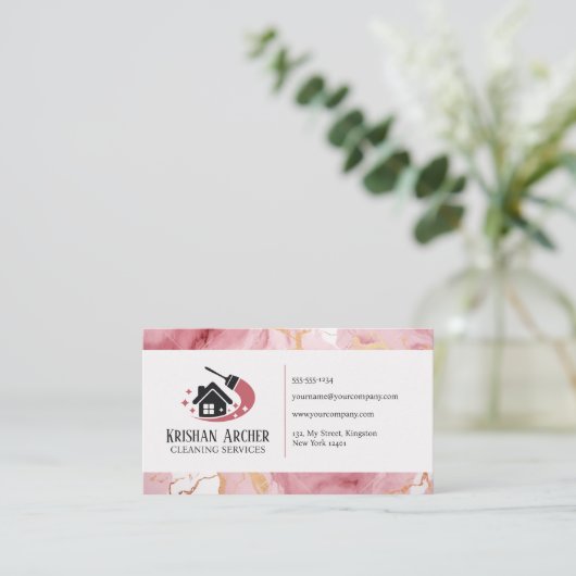 金ゴールドピンクマーブルハウスクリーニングメイドサービス 名刺 (スタンド正面)