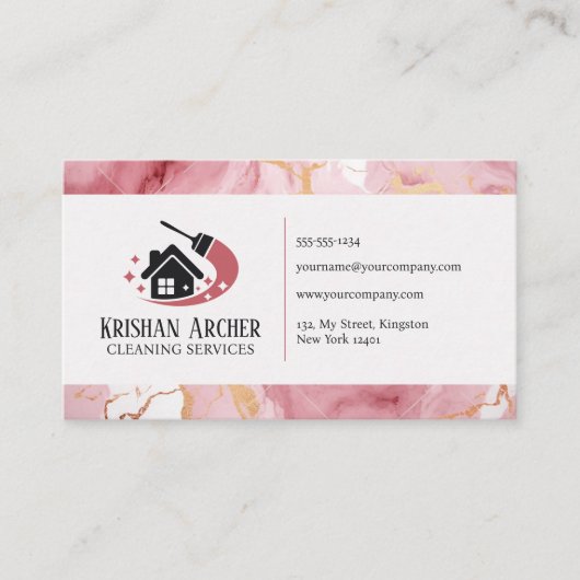 金ゴールドピンクマーブルハウスクリーニングメイドサービス 名刺 (正面)