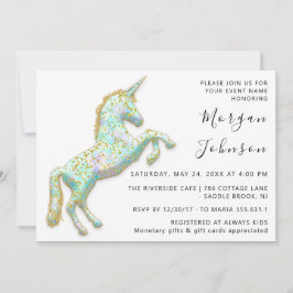 金ゴールドピンクユニコーンウマ白誕生日ベビーシャワー 招待状