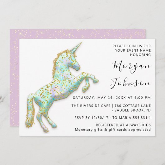 金ゴールドピンクユニコーンウマ白誕生日ベビーシャワー 招待状 (正面/裏面)