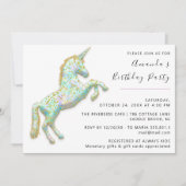 金ゴールドピンクユニコーンウマ白誕生日ベビーシャワー 招待状 (正面)