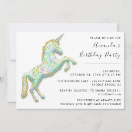 金ゴールドピンクユニコーンウマ白誕生日ベビーシャワー 招待状
