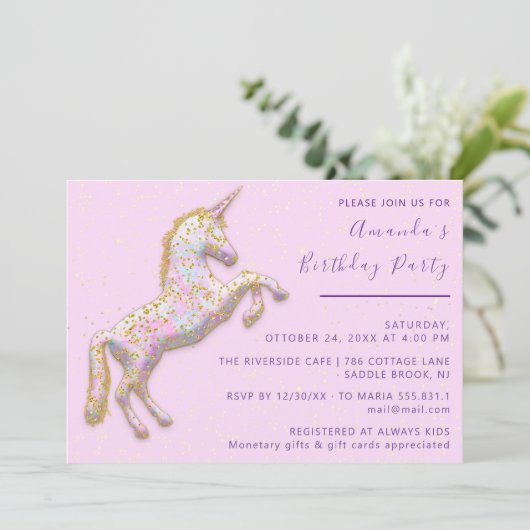 金ゴールドピンクユニコーンウマ誕生日ベビーシャワー 招待状 (スタンド正面)