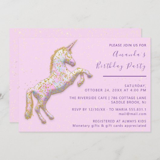金ゴールドピンクユニコーンウマ誕生日ベビーシャワー 招待状 (正面/裏面)