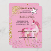 金ゴールドピンクユニコーングリッター誕生日 招待状 (正面/裏面)