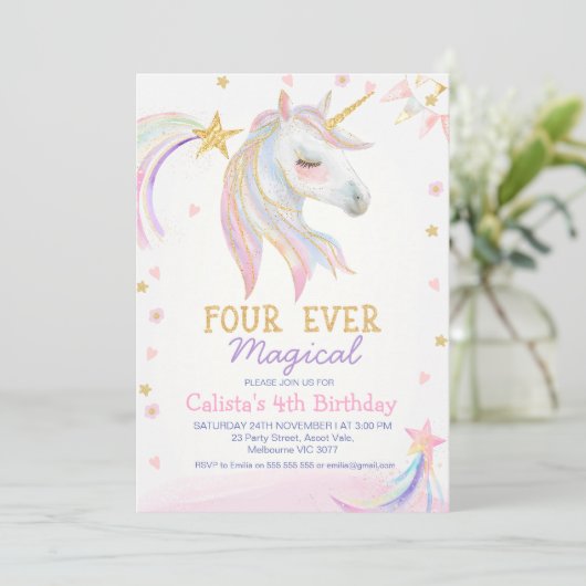 金ゴールドピンクユニコーンフォーエバーマジカル4歳の誕生日 招待状 (スタンド正面)