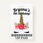 金ゴールドピンクユニコーンフローラ誕生日パーティーVIPパス バッジ (裏面)