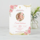 金ゴールドピンクローズフローラフォトバプテスマ《キリスト教》洗礼式や命名式 招待状 (スタンド正面)