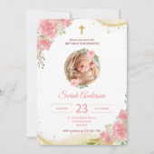金ゴールドピンクローズフローラフォトバプテスマ《キリスト教》洗礼式や命名式 招待状 (正面)