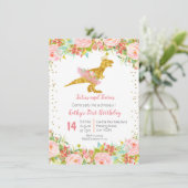 金ゴールドピンク恐竜ファースト誕生日招待状 招待状 (スタンド正面)