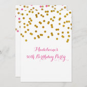 金ゴールドピンク明るい赤紫色紙吹雪50歳誕生日パーティー 招待状 (正面/裏面)