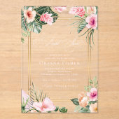 金ゴールドピンク熱帯ビーチ目的地ブライダルシャワー アクリル招待状 (正面)