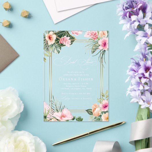 金ゴールドピンク熱帯ビーチ目的地ブライダルシャワー アクリル招待状 (インサイチュ (ウェディング))