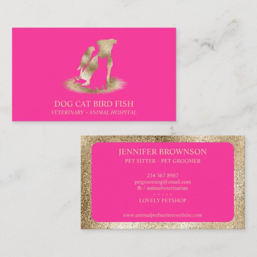 金ゴールドピンク獣医動物病院ペットシッター 名刺 (正面/裏面)