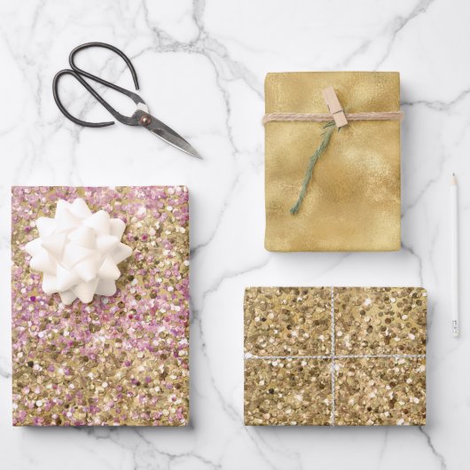 金ゴールドピンク紙吹雪グリッター ラッピングペーパーシート (正面)