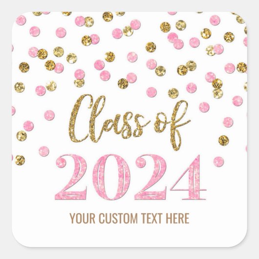 金ゴールドピンク紙吹雪卒業2024平方ステッカー スクエアシール (正面)