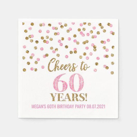 金ゴールドピンク紙吹雪応援60年誕生日 スタンダードカクテルナプキン (正面)