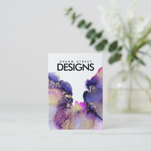 金ゴールドピンク紫色の水彩表示カード 名刺 (スタンド正面)