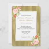 金ゴールドピンク結婚ローズ 招待状 (正面)