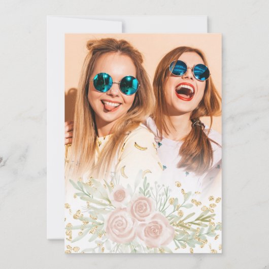 金ゴールドピンク緑のフローラ水の色Sweet 16写真 招待状 (裏面)