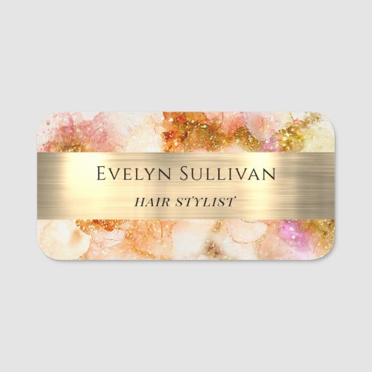 金ゴールドピンク色フェイク箔の名前タグ 名札 (正面)