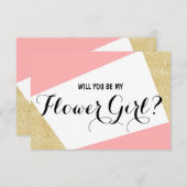 金ゴールドピンク色ブロック私のフラワーガール 招待状 (正面/裏面)