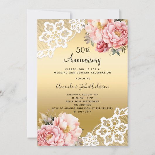 金ゴールドピンク花模様結婚50周年 招待状 (正面)