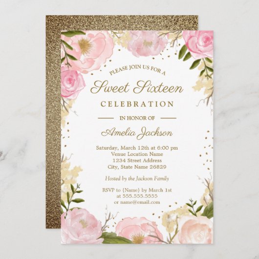 金ゴールドピンク赤面フローラ水彩Sweet sixteen 招待状 (正面/裏面)