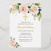金ゴールドピンク赤面水彩フローラガールバプテスマ 箔招待状 (正面)