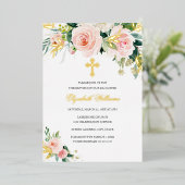 金ゴールドピンク赤面水彩フローラガールバプテスマ 箔招待状 (立ち正面)
