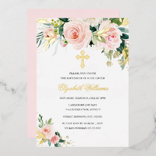 金ゴールドピンク赤面水彩フローラガールバプテスマ 箔招待状 (正面/裏面)