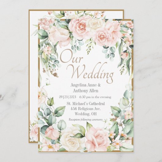 金ゴールドピンク赤面水色ロマンチックなフローラ結婚ズ 招待状 (正面/裏面)