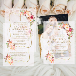 金ゴールドピンク赤面花1歳の誕生日バプテスマ ベラム紙招待状