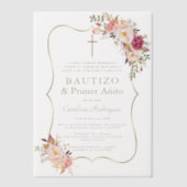 金ゴールドピンク赤面花1歳の誕生日バプテスマ ベラム紙招待状 (正面)